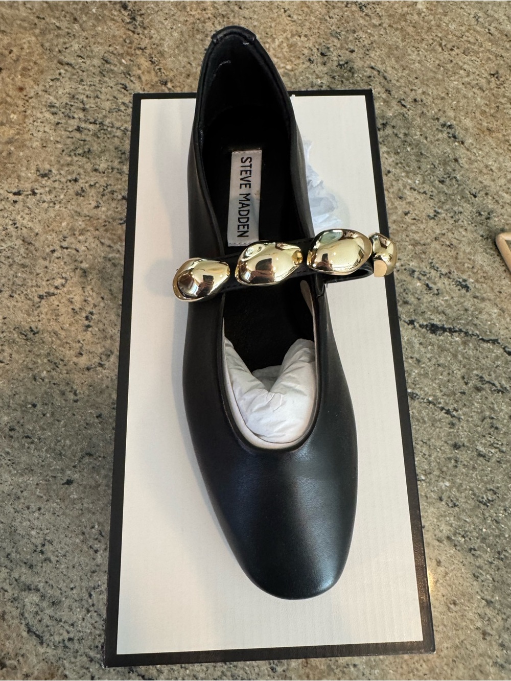 Steve Madden Black Leather Flats with Gold Chain Accent